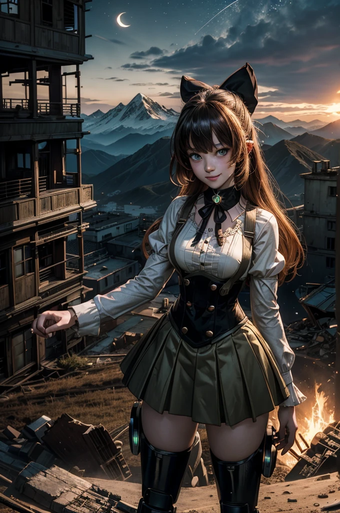 cowboy shot, (dynamic pose), smile, underbust, Penny Polendina, long hair, neck ribbon, suspender skirt, corset, black bow, white blouse, mechanical legs, neon trim, standing, ((people in city ruins on hill, overlooking valley)), BREAK night, stars, moon, snow, BREAK mountains in background, waterfall, vehicle wreck, ((people in military uniform)), bonfires, post-apocalypse, dystopian future, (volumetric lighting), intricate details, tonemapping, sharp focus, hyper detailed