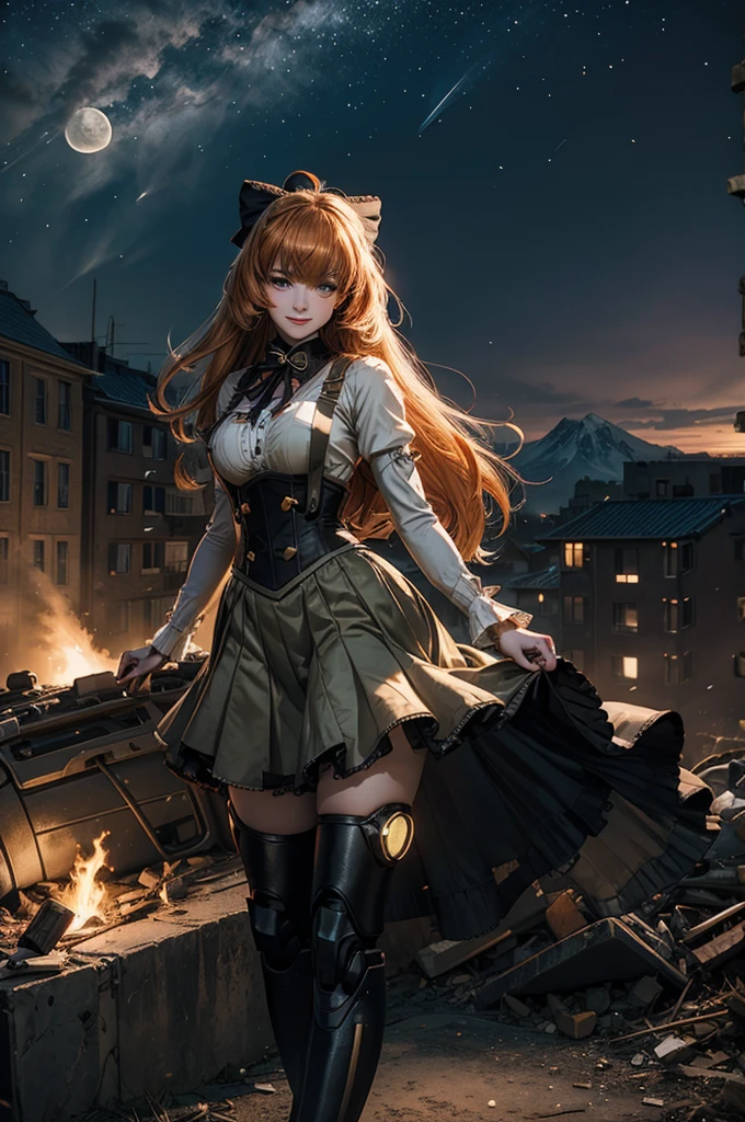 cowboy shot, (dynamic pose), smile, underbust, Penny Polendina, long hair, neck ribbon, suspender skirt, corset, black bow, white blouse, mechanical legs, neon trim, standing, ((people in city ruins on hill, overlooking valley)), BREAK night, stars, moon, snow, BREAK mountains in background, waterfall, vehicle wreck, ((people in military uniform)), bonfires, post-apocalypse, dystopian future, (volumetric lighting), intricate details, tonemapping, sharp focus, hyper detailed