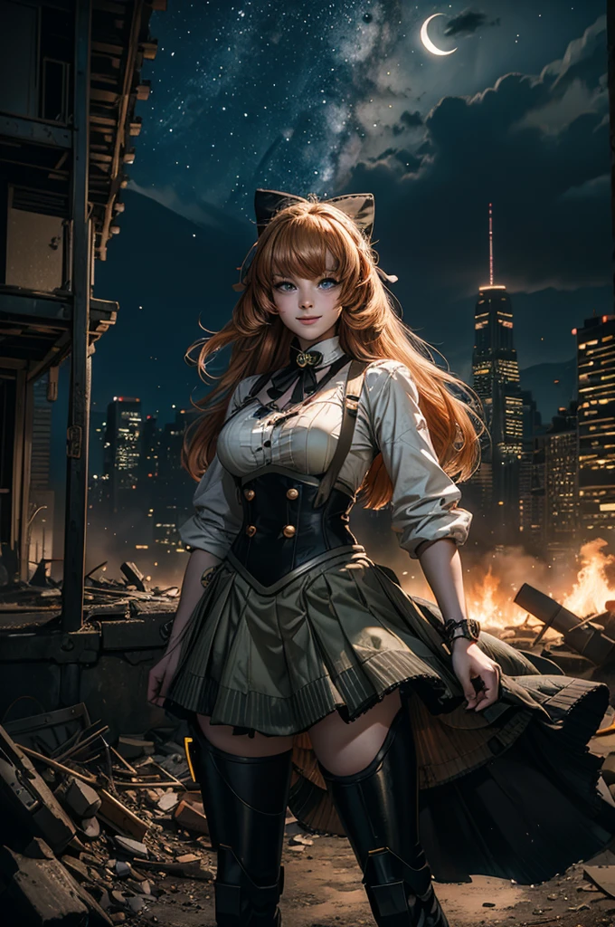 cowboy shot, (dynamic pose), smile,  underbust, Penny Polendina, long hair, neck ribbon, suspender skirt, corset, black bow, white blouse, mechanical legs, neon trim, standing, ((people in city ruins on hill, overlooking valley)), BREAK night, stars, moon, snow, BREAK mountains in background, waterfall, vehicle wreck, ((people in military uniform)), bonfires, post-apocalypse, dystopian future, (volumetric lighting), intricate details, tonemapping, sharp focus, hyper detailed

