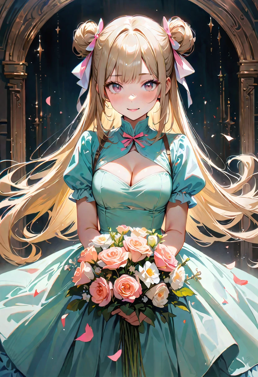 20 years old,1 girl,hyperrealistic, 8k, (extremely detailed 8k), (very delicate and beautiful), (masterpiece), (better quality:1.0), (ultra high resolution:1.0), (masterpiece, best quality), cute,blonde,cleavage cutout,(broen dress:1.3),(crop top navel:1),gleaming skin,twintails,twin bun,a pink ribbon on the head,long hair,pastel green frill Chinese-made dress,white long gloves,delighted,hold a bouquet of flowers,from the front,a bunch of flowers,POV,bust shot,white frill,white puffy sleeves