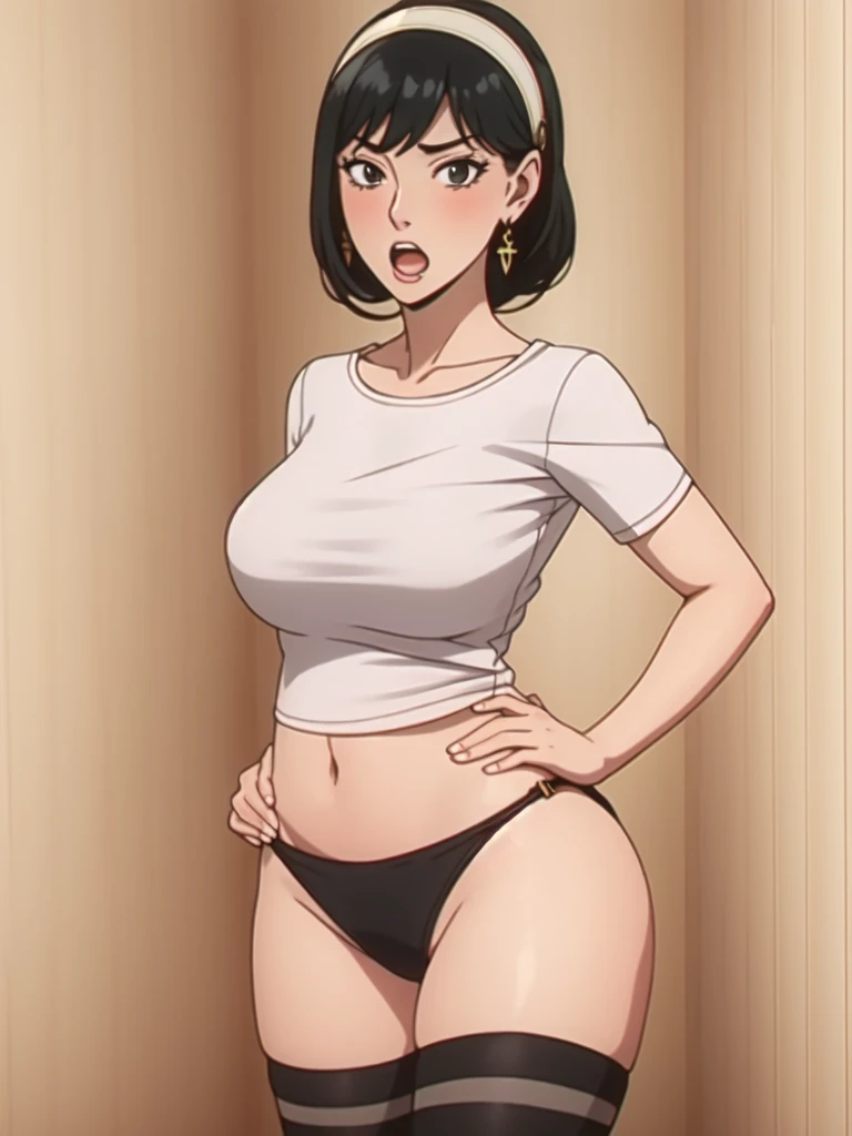 bent over,armpits,hand on hip, yor briar, 1girl, blush, black hair, hairband, jewelry, earrings, open mouth, solo, wide-eyed, sidelocks,,cowboy shot, wearing a white tshirt, (black panty), (black thong), Exquisite visuals, high-definition,masterpiece,phone in one hand. (big hips), hourglass body, black thighhighs, thick thighs, saggy breasts. (bathroom background). best quality,Exquisite visuals,high-definition,masterpiece,best quality,mature female,Beautiful Fingers,Beautiful long legs,Beautiful body,Beautiful character design,ymmetrical body, sensualizing, pouting with orgasmic expression