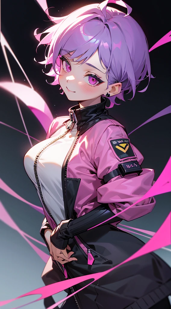 Top Quality, 8K, 4K, High Definition, Detail, (better-quality, 8K, 12), top-quality, 1 girl、only showing her face, she has purple hair, wearing a yellow pin on her right side of her hair, she has her hands together, she looking at you, she is smiling at you, medium breast, her jacket color dark gray with a pink zipper, pink eyes, showing her face and chesat, short hair long as her neck, (only showing half of her body) her jacket is loose. she is wearing earing only right ear shaped has a heart,