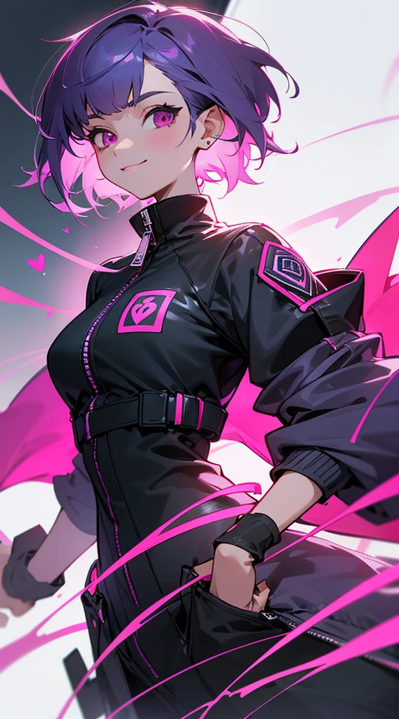 Top Quality, 8K, 4K, High Definition, Detail, (better-quality, 8K, 12), top-quality, 1 girl、only showing her face, she has purple hair, wearing a yellow pin on her right side of her hair, she has her hands together, she looking at you, she is smiling at you, medium breast, her jacket color dark gray with a pink zipper, pink eyes, showing her face and chesat, short hair long as her neck, (only showing half of her body) her jacket is loose. she is wearing earing only right ear shaped has a heart,