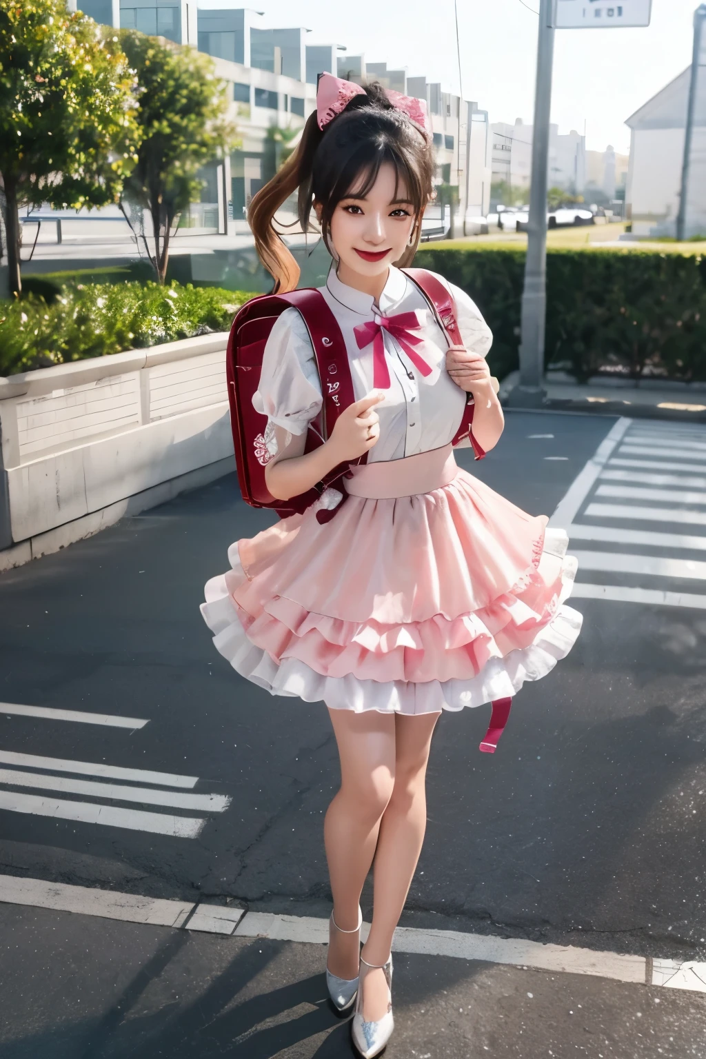 Masterpiece, hd, realistic, black hair, asian girl, ponytail, hair ribbon, 18 y.o, 170 cm height body, 1girl wearing a pink idol dress (idol dress) layered skirt, frills, ribbon, bow, sequins, smile, (Blonde hair), outdoor, ponytail, standing, fullbody, (fullbody:1.2), wearing high heels, outdoor, wearing randoseru backpack, (backpack:1.2)