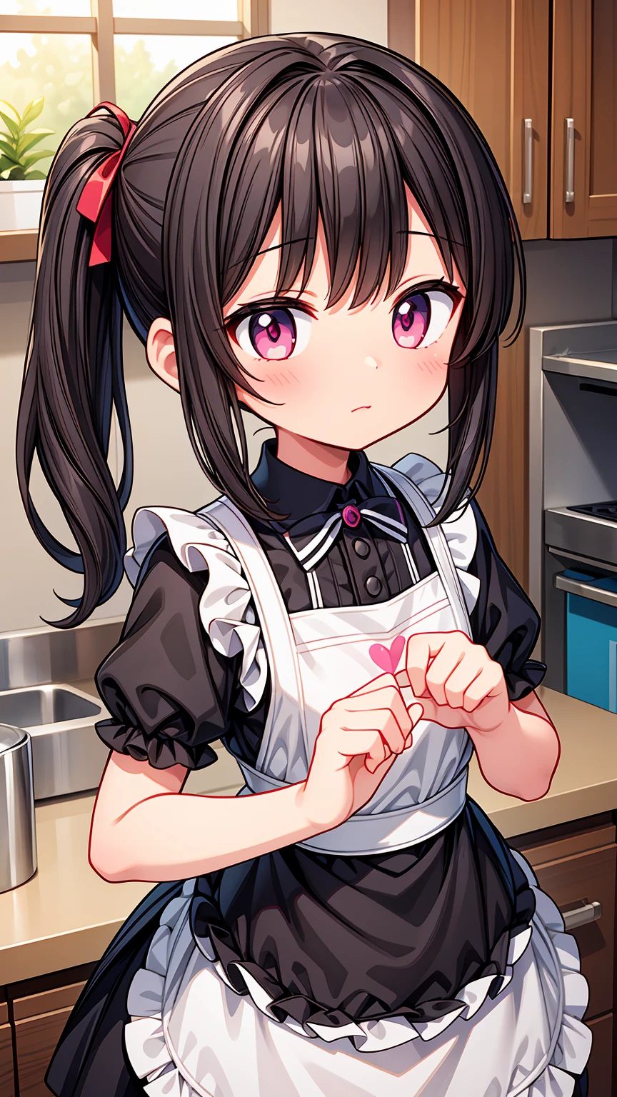 (Highest image quality), (highest quality), (masterpiece), (dynamic lighting), detailed face, ((loli)), ((girl)), (little curve), short black hair, one side ponytail hairstyle, pink eyes, ((very small bust)), (apron), the character feels happiness, cowboy shot, kitchen background, ((very blushing)), ((detailed hands and fingers)), viewer perspective from below, (blush), more detailed