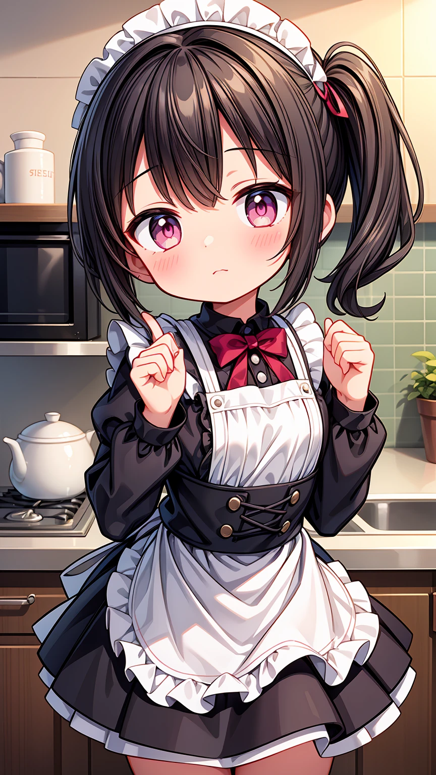 (Highest image quality), (highest quality), (masterpiece), (dynamic lighting), detailed face, ((li)), ((girl)), (little curve), short black hair, one side ponytail hairstyle, pink eyes, ((very small bust)), (apron), the character feels happiness, cowboy shot, kitchen background, ((very blushing)), ((detailed hands and fingers)), viewer perspective from below, (blush), more detailed