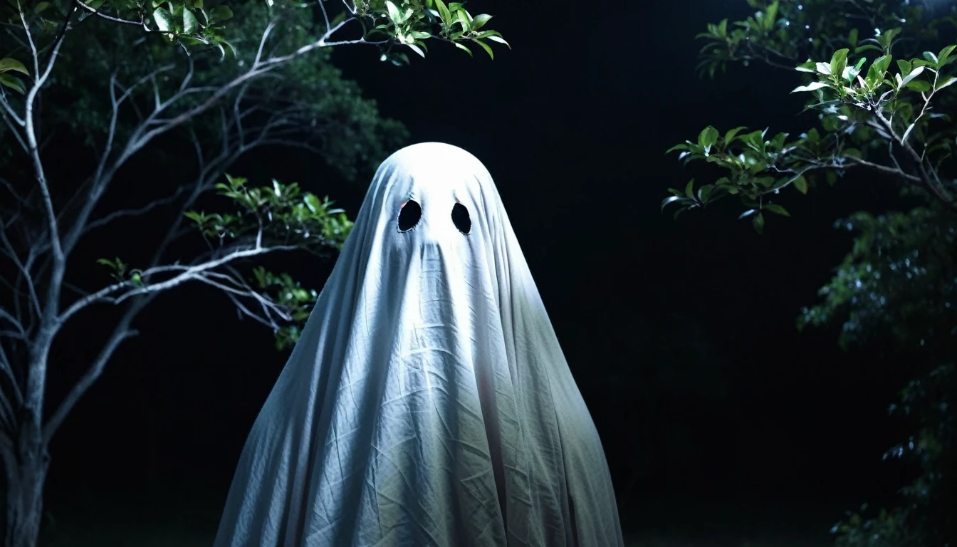 กลางแม่น้ำ very dark focused flash photo of sheetghost person at night in the japan black background tree