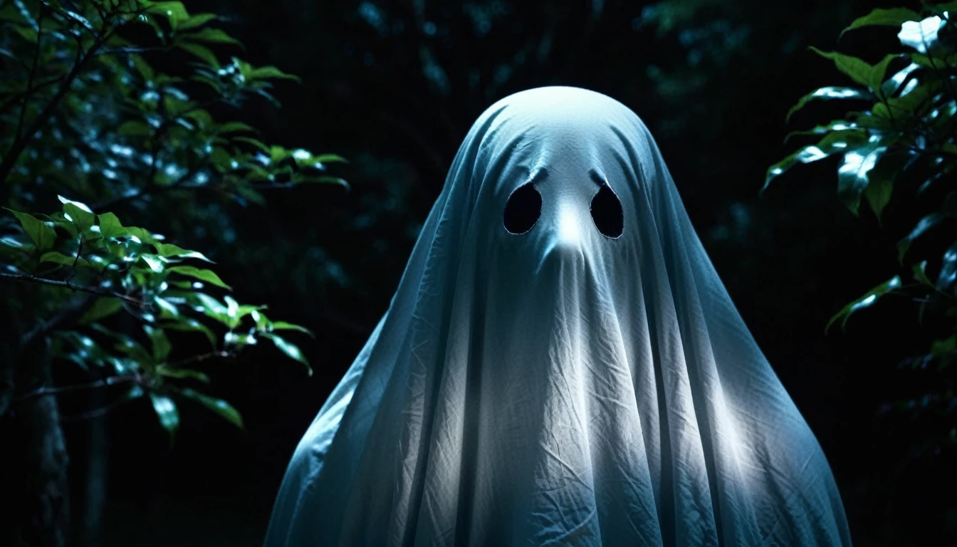 กลางแม่น้ำ very dark focused flash photo of   sheetghost person at night in the  japan  black background tree  