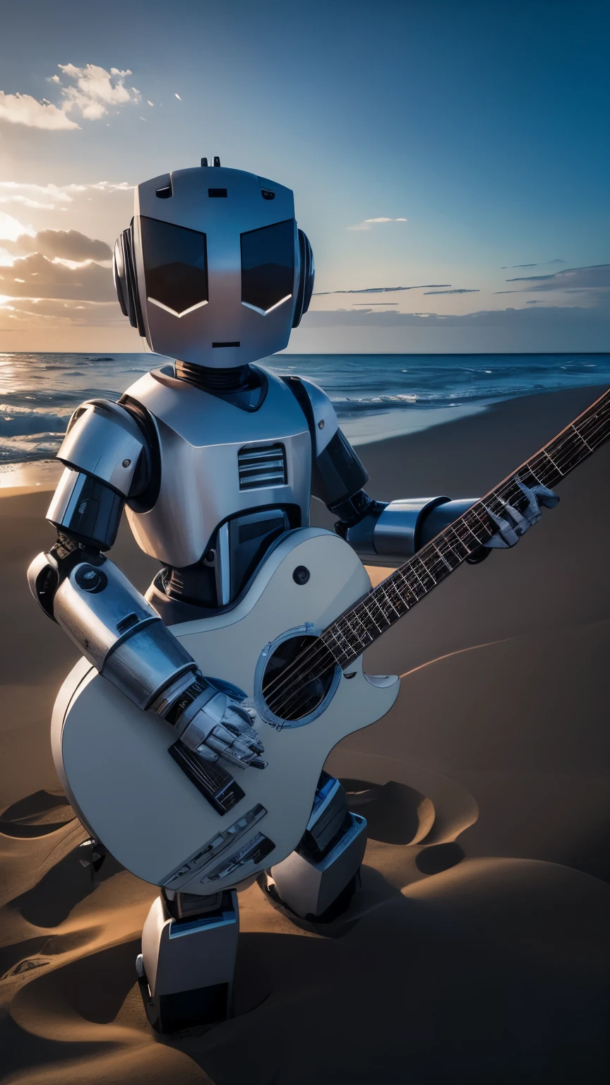 criar um robot playing ELETRIC GUITAR, WHITE, UNIFORM METALIC, eletronic style, on A SUNNY BEACH, lights, ELETRIC GUITAR STYLE. 8K,ON BEACH, UNIQUE UNIVERSE ROBOT