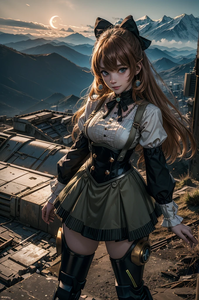 cowboy shot, (dynamic pose), smile, underbust, Penny Polendina, long hair, neck ribbon, suspender skirt, corset, black bow, white blouse, mechanical legs, neon trim, standing, ((people in city ruins on hill, overlooking valley)), BREAK night, stars, moon, snow, BREAK mountains in background, waterfall, vehicle wreck, ((people in military uniform)), bonfires, post-apocalypse, dystopian future, (volumetric lighting), intricate details, tonemapping, sharp focus, hyper detailed