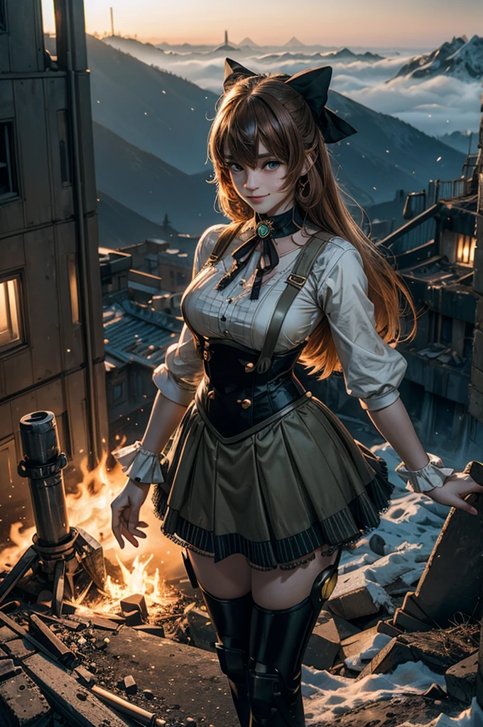 cowboy shot, (dynamic pose), smile, underbust, Penny Polendina, long hair, neck ribbon, suspender skirt, corset, black bow, white blouse, mechanical legs, neon trim, standing, ((people in city ruins on hill, overlooking valley)), BREAK night, stars, moon, snow, BREAK mountains in background, waterfall, vehicle wreck, ((people in military uniform)), bonfires, post-apocalypse, dystopian future, (volumetric lighting), intricate details, tonemapping, sharp focus, hyper detailed
