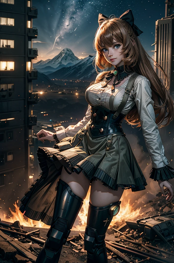 cowboy shot, (dynamic pose), smile, underbust, Penny Polendina, long hair, neck ribbon, suspender skirt, corset, black bow, white blouse, mechanical legs, neon trim, standing, ((people in city ruins on hill, overlooking valley)), BREAK night, stars, moon, snow, BREAK mountains in background, waterfall, vehicle wreck, ((people in military uniform)), bonfires, post-apocalypse, dystopian future, (volumetric lighting), intricate details, tonemapping, sharp focus, hyper detailed
