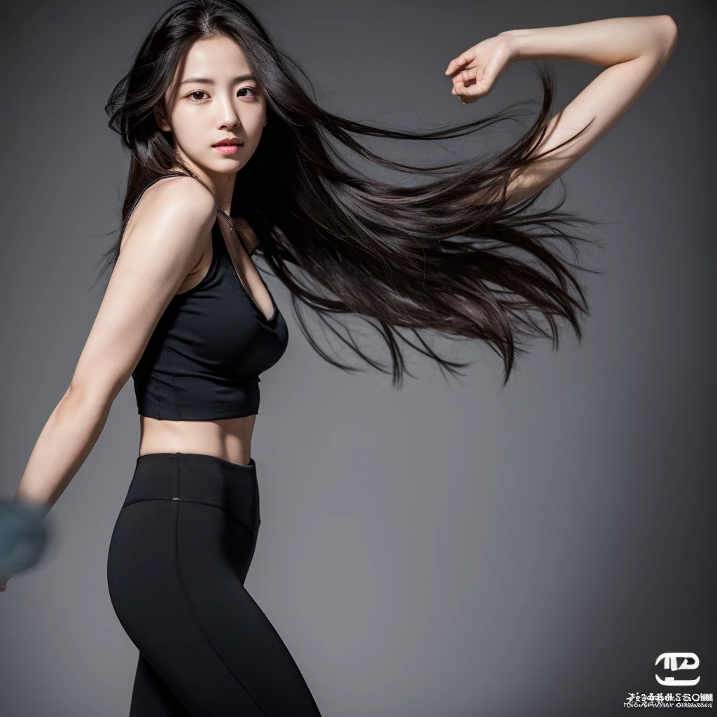 Lisa Light Long Hair, lisa face shape, Black vest, sexy, Bare waist, Bare shoulders, Black Yoga Pants, Long legs, Background gray, masterpiece, Top-class, Actual, High resolution, photography lighting, 16K