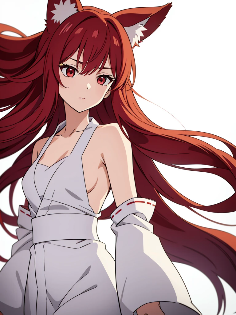 1girl ,solo,20s,mature female,red hair,long hair,fox ears,(white background),white yukata,bare shoulders,cowboy shot