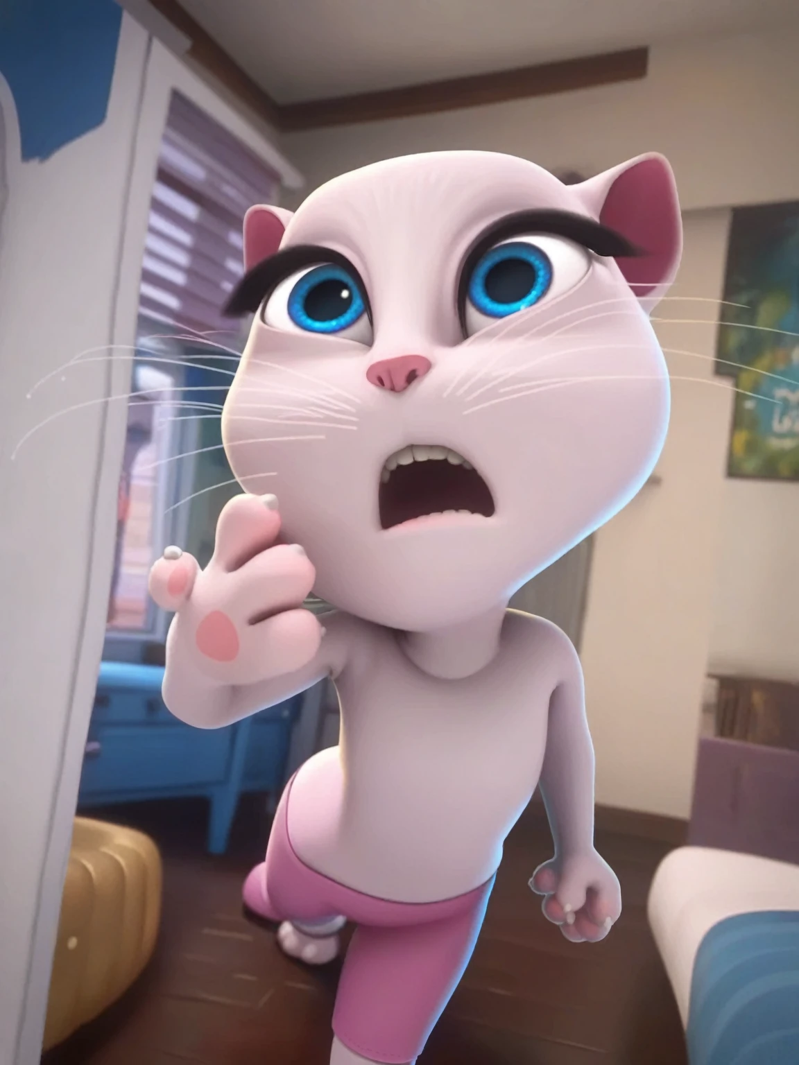 ,solo focus, a_la, 1girl, cat, white fur, long whiskers on both sides of the face, big bright blue eyes, big black eyelashes, small pink nose, triangular ears with pink ducts, has tights,fucking penis rapes, pulls, orgasms, lies on the bed , naked ass