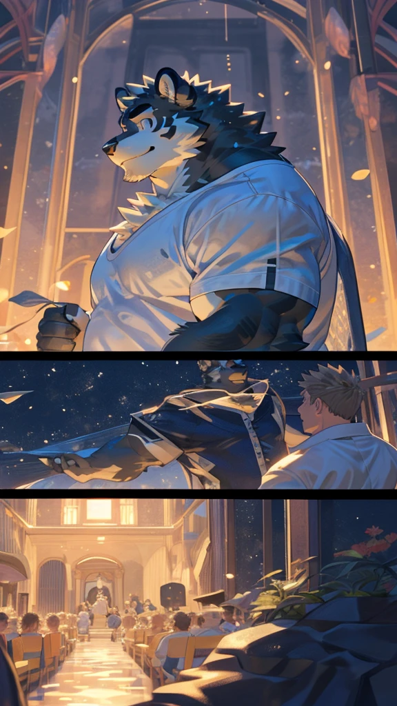 Lonely, ((spongy fur, spongy, furry body)), detailed spongy fur, delicate face, delicate Look like, dynamic poses, (ultra detailed), clear focus, genji, Look like, furry, (gray-black fur:1.5), White beard, human nature (black tiger), Chest hair,male, middle aged, white belly, Increase chest muscles.(((muscular))), (endomorph body type:0.4), not too fat, rest ((White T-shirt,Black swimsuit,exposing breasts,wet)), ultra delicate face, high detail, high quality, (Best Quality,4k,8k,high resolution,Masterpiece:1.2), (close up:1.3), author:Takemoto Arashi, The bullshit plant, author:The ghost of the void, From raccoon21, dynamic lighting, SMILE, (whole body:1.4), looking at the audience, eternity, close up肖像, indoorhigh resolution, 用thousand托住肚子, thousand.,详细的thousand,咧嘴SMILE, playa.