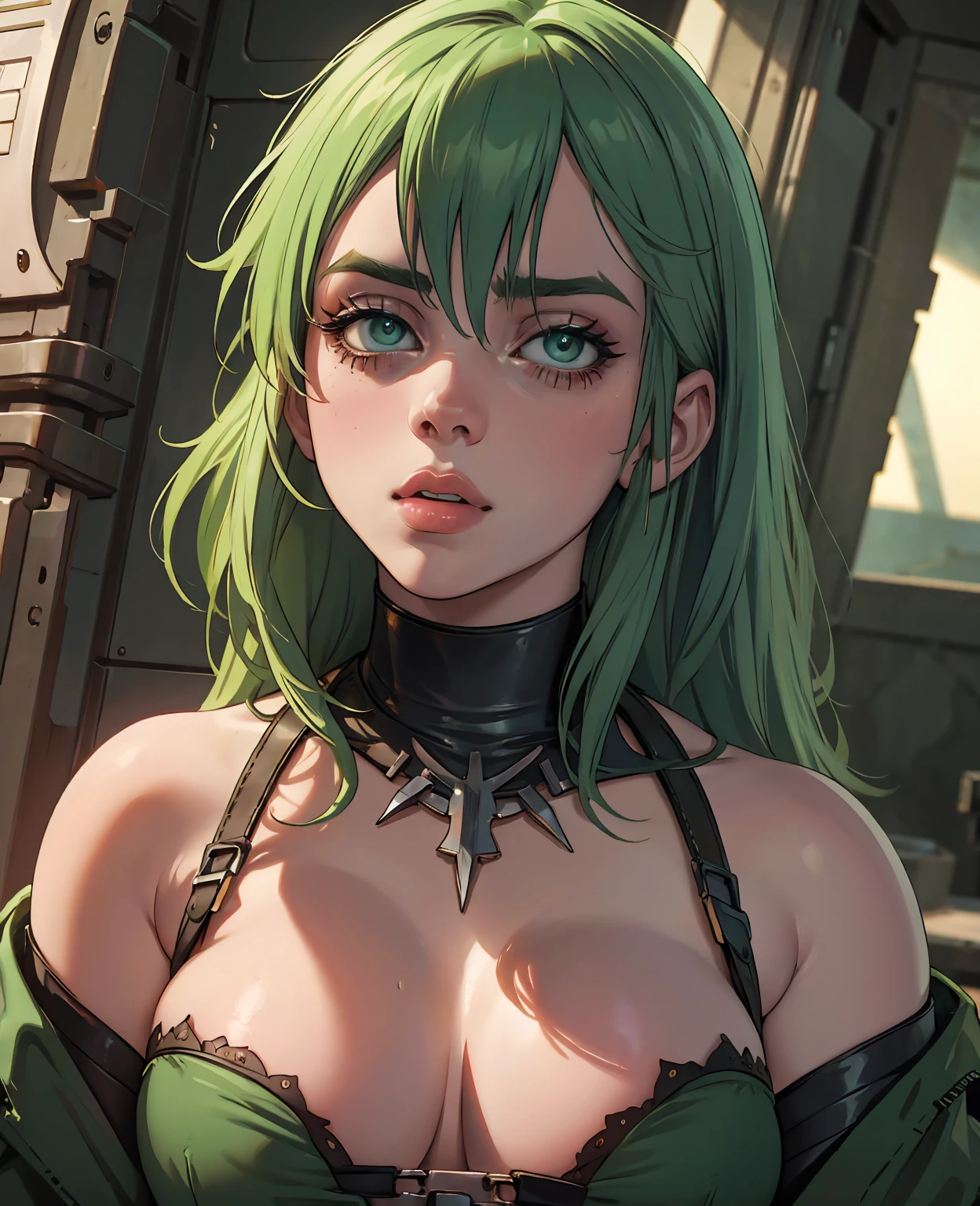 Billie Eilish, beautiful detailed eyes, green hair, extremely detailed face, detailed breasts, photorealistic, concept art, cinematic lighting, dramatic colors