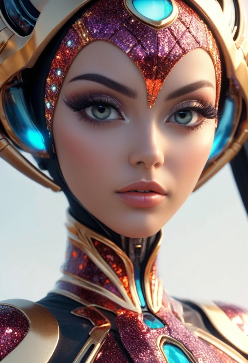 An otherworldly creature with large, expressive eyes and long, thick eyelashes stands in a dramatic pose, leaning forward slightly. This skinny being is adorned in an elaborate, oversized outfit that contrasts sharply with its slender frame. The scene is rendered in striking 3D, capturing every intricate detail of the creature's unique appearance and attire. The creature's big eyes seem to shimmer with an inner light, drawing the viewer into its mysterious, alien presence.