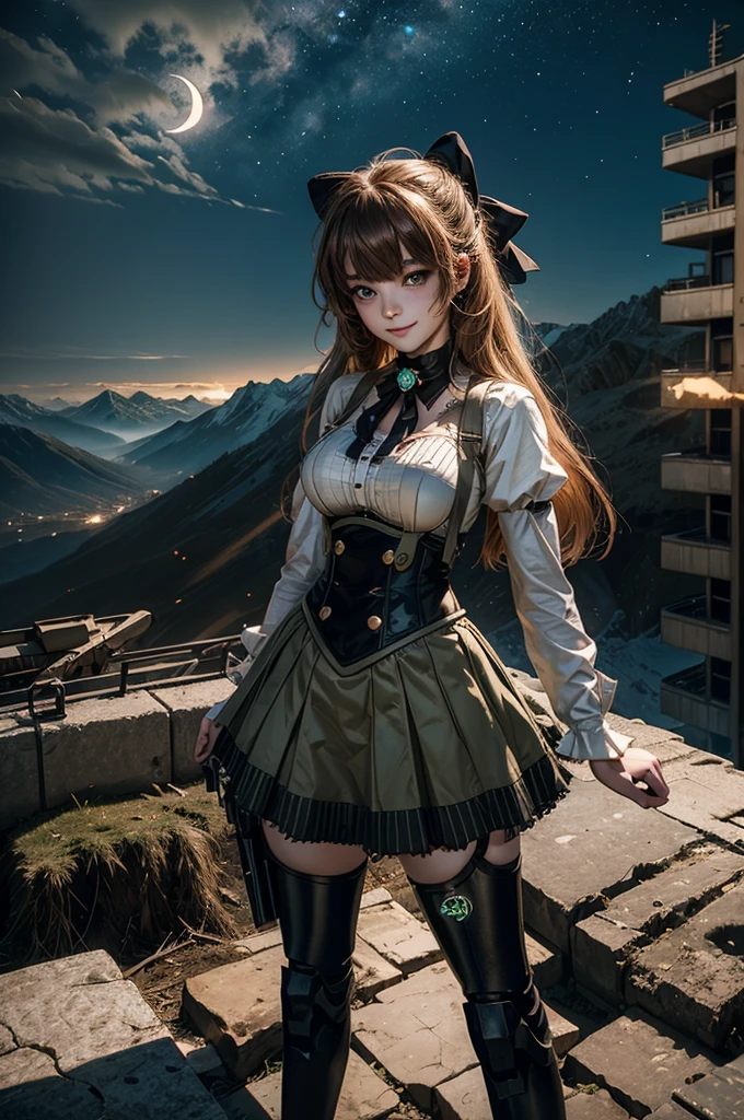 cowboy shot, (dynamic pose), smile,  underbust, Penny Polendina, long hair, neck ribbon, suspender skirt, corset, black bow, white blouse, mechanical legs, neon trim, standing, ((people in city ruins on hill, overlooking valley)), BREAK night, stars, moon, snow, BREAK mountains in background, waterfall, vehicle wreck, ((people in military uniform)), bonfires, post-apocalypse, dystopian future, (volumetric lighting), intricate details, tonemapping, sharp focus, hyper detailed

