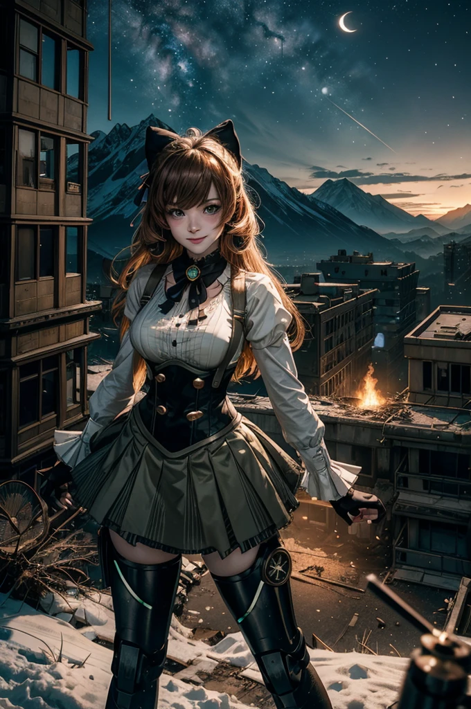 cowboy shot, (dynamic pose), smile,  underbust, Penny Polendina, long hair, neck ribbon, suspender skirt, corset, black bow, white blouse, mechanical legs, neon trim, standing, ((people in city ruins on hill, overlooking valley)), BREAK night, stars, moon, snow, BREAK mountains in background, waterfall, vehicle wreck, ((people in military uniform)), bonfires, post-apocalypse, dystopian future, (volumetric lighting), intricate details, tonemapping, sharp focus, hyper detailed

