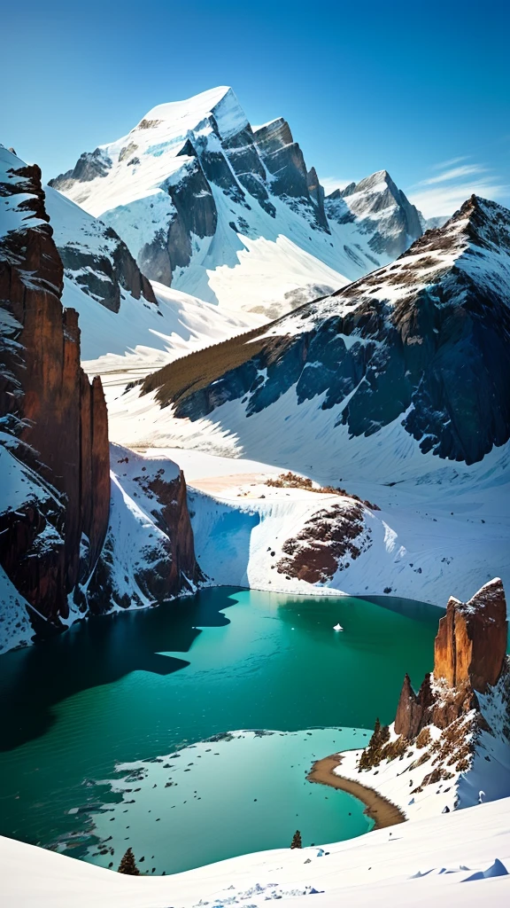 a view of a lake in the mountains with snow on the ground, with a snowy mountain and ice, mountains and lakes, mountain lake in sierra nevada, majestic snowy mountains, beautiful lake in the foreground, a lake between mountains, Andes, beautiful mountain background, snowy mountain background, beautiful lake, steep and sharp snowy mountains, in the Snowy Mountains, beautiful mountains behind