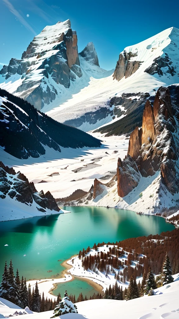 a view of a lake in the mountains with snow on the ground, with a snowy mountain and ice, mountains and lakes, mountain lake in sierra nevada, majestic snowy mountains, beautiful lake in the foreground, a lake between mountains, Andes, beautiful mountain background, snowy mountain background, beautiful lake, steep and sharp snowy mountains, in the Snowy Mountains, beautiful mountains behind