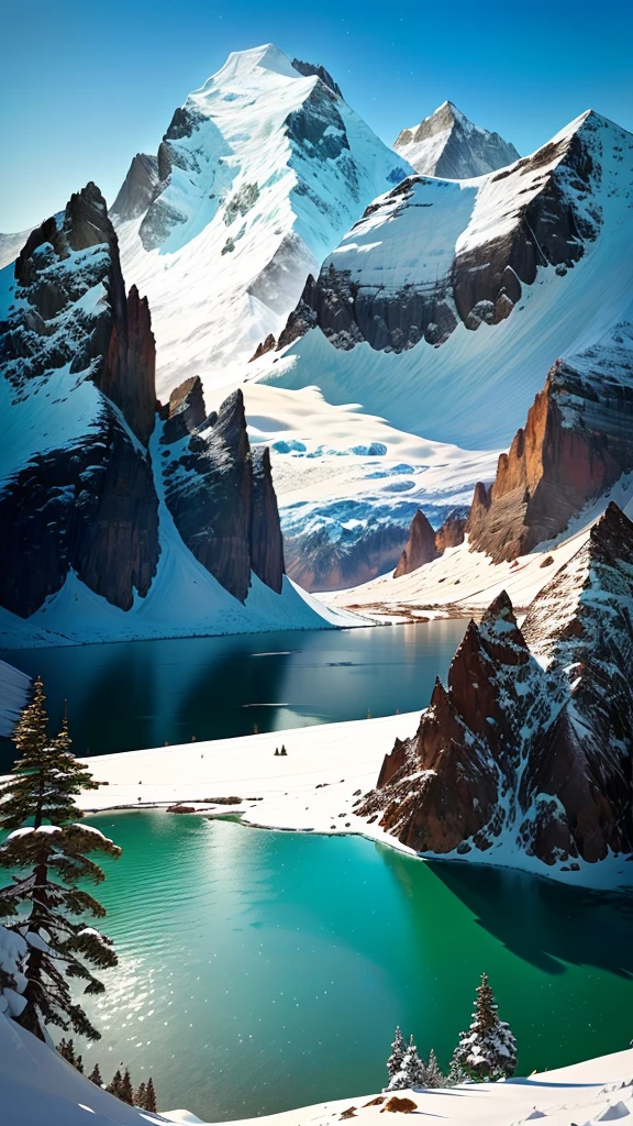 a view of a lake in the mountains with snow on the ground, with a snowy mountain and ice, mountains and lakes, mountain lake in sierra nevada, majestic snowy mountains, beautiful lake in the foreground, a lake between mountains, Andes, beautiful mountain background, snowy mountain background, beautiful lake, steep and sharp snowy mountains, in the Snowy Mountains, beautiful mountains behind