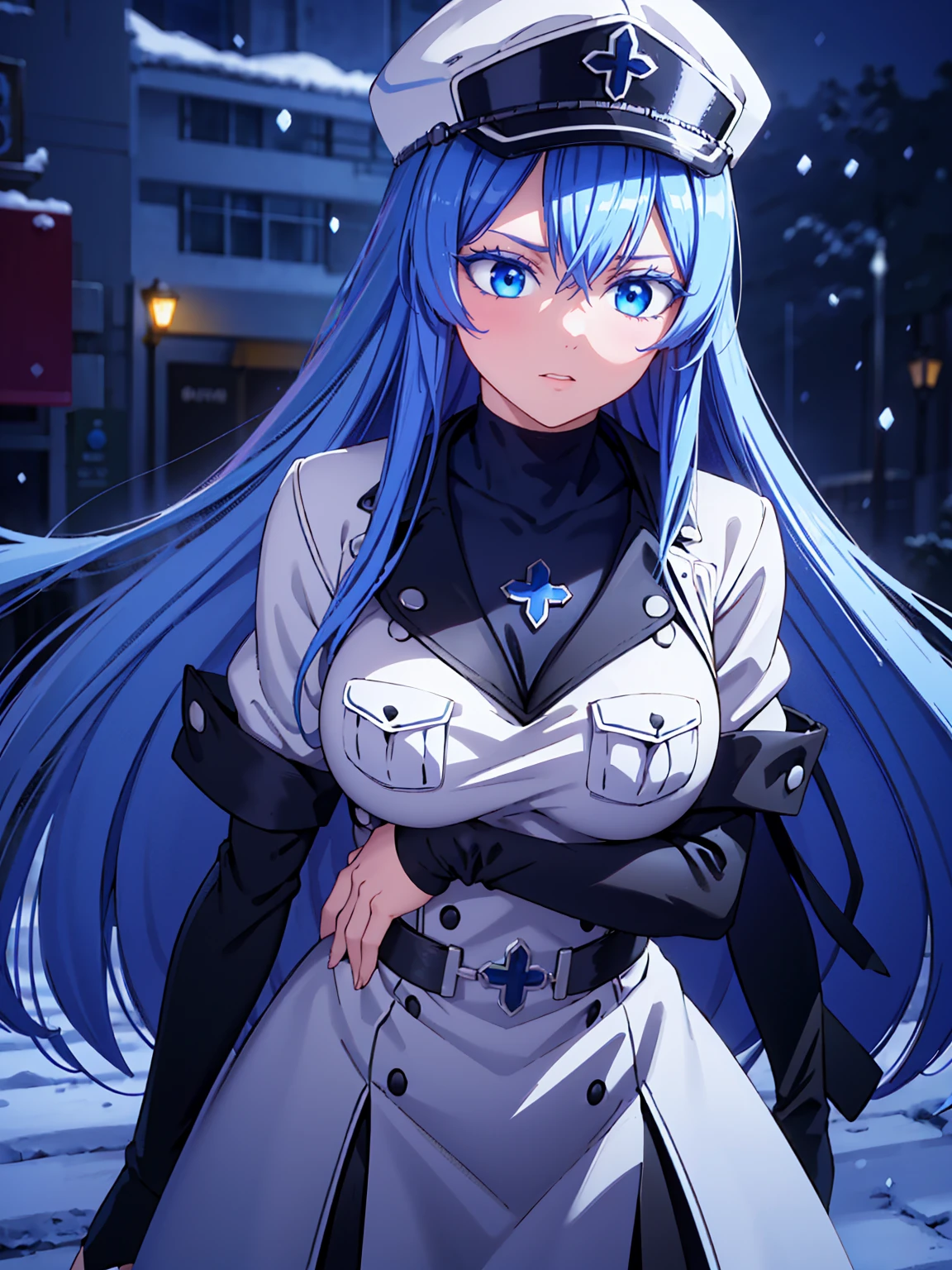 a girl with long blue hair, blue eyes, blue eyelashes, big breasts, white sweatshirt with a hat, walking, upset, on a street in Russia, snowing heavily, at night, (best quality,4k,8k,highres,masterpiece:1.2),ultra-detailed,(realistic,photorealistic,photo-realistic:1.37),HDR,UHD,studio lighting,extreme detail description,vivid colors,portrait,dramatic lighting,cold color tone