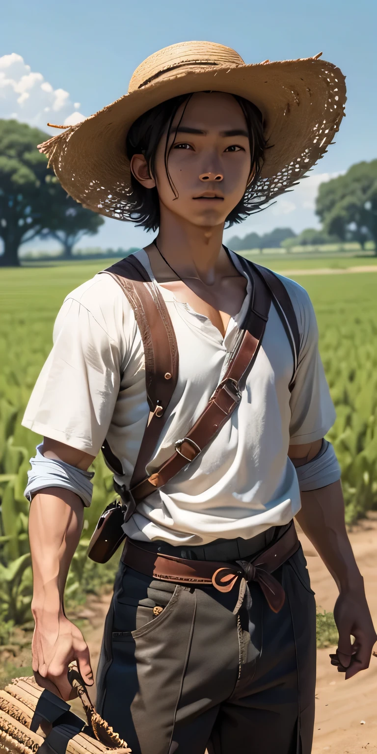 An image of Li, a young male farmer wearing simple traditional clothes: a loose shirt, pants, and a straw hat, discovering a hidden treasure chest filled with gold coins in his field, with a surprised expression. (good quality:1.2), (Ultradetailed:1.2), (ultradetailed face:1.2), (ultradetailed body:1.2)