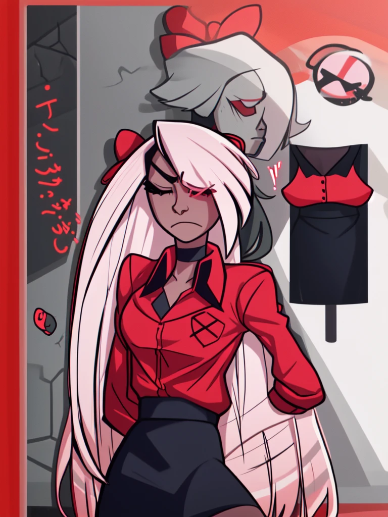 Vaggie, AOTSalute, closed eyes, perfect anatomy, solo, 1girl, black skirt, red shirt, front view, frown, solo