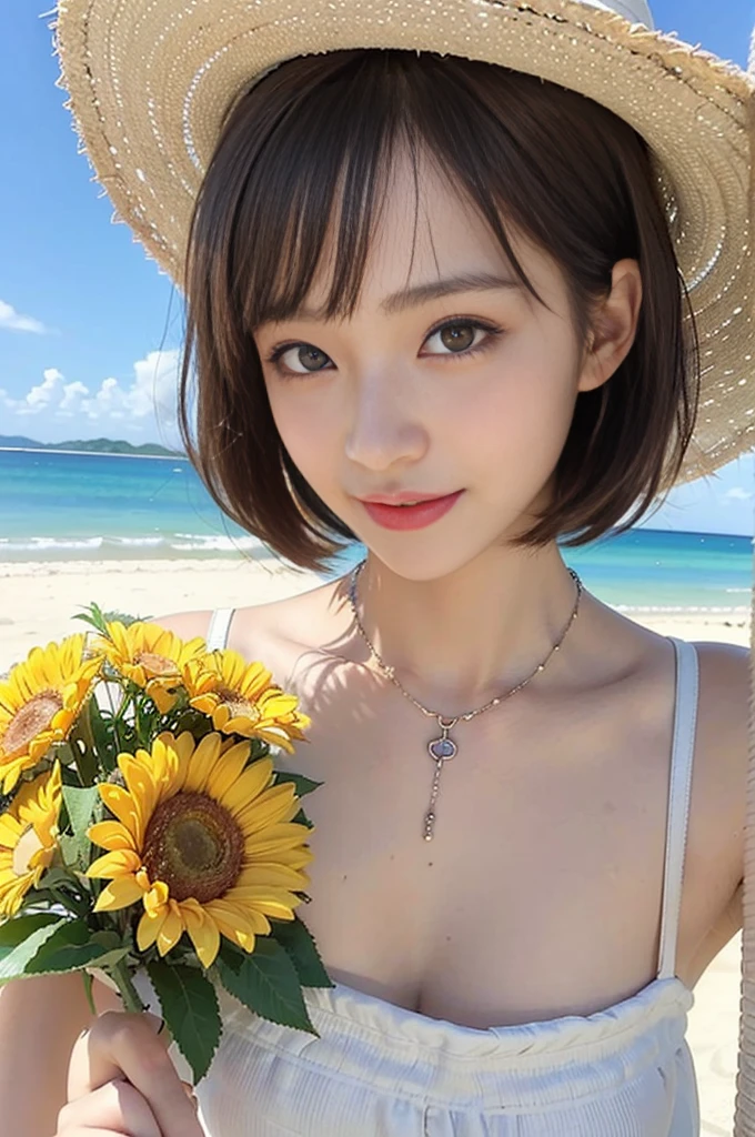 Look here and smile、Colorful summer clothes、top-quality、​masterpiece、超A high resolution、(realisitic:1.4)、Very wide lens、a closeup、Beautiful young woman、Beautiful detail eyes and skin、ssmile、Brown short-cut hair、 bust、Small necklace、、a straw fedora hat、、Summer sky、