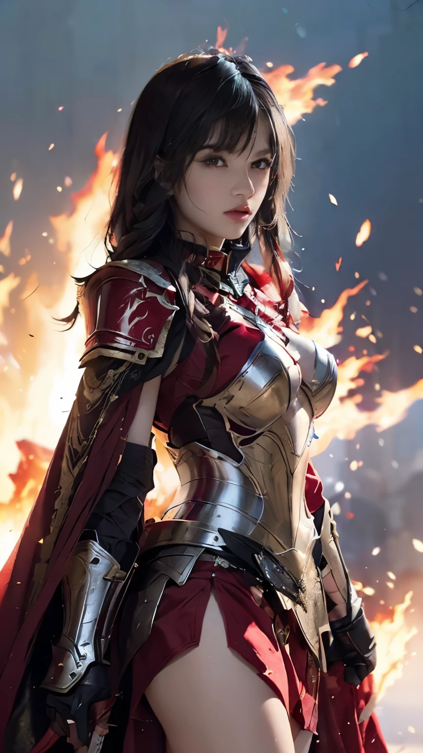 Very beautiful woman、Slender women、(Detailed face)、Realistic Skin、((Knight of Fire)), (((Red Armor:1.25)))、((((Black armor with very fine and intricate decoration))))、((Delicate photo))，(Girl Astepeace RAW Photo Details:1.25), (highest quality:1.6), (超A high resolution:1.5), (Realistic:1.75), 8K resolution, Canon EOS R5, 50mm, Absurd, Ultra-detailed,Cinema Lighting,Battlefields of Medieval Europe、((battle))、RPG World、Final Fantasy、(((Embellished skirt)))、Thigh-high socks、Shin Guards、night、((too long bangs))、((One long thick dark red hair braid))、Get six-pack、Torn Cloak、Beautiful Armor、(((Giant Sword)))、In combat、The wind is blowing、(((Inferno filling the entire area)))、(((Leading a large group of red knights)))、(((Knight Commander)))、Armor with a Phoenix motif、Old scar on right cheek:1.2、((Fire blaze))、(((Battle Scene)))、((nsfw))