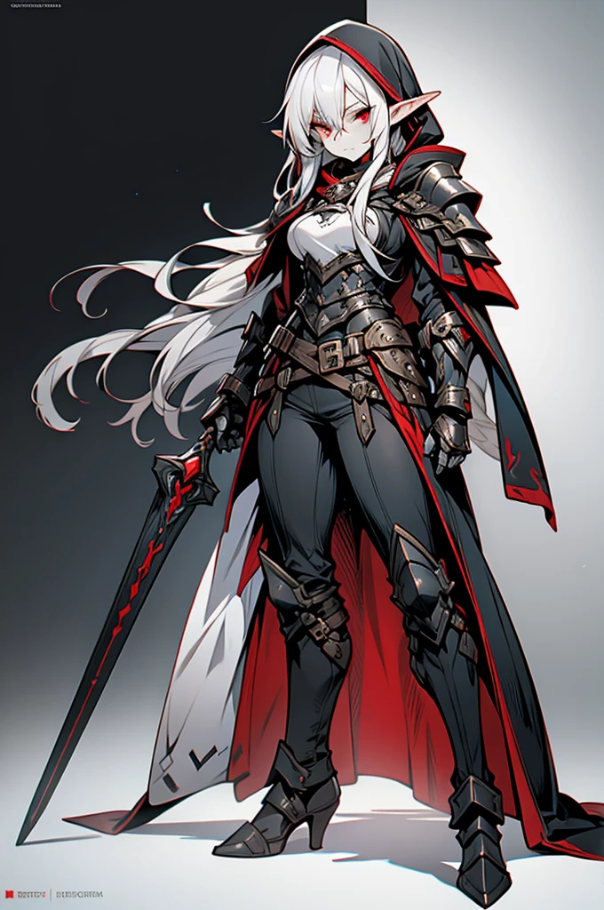 female elf rogue, silver hair, white skin, sinister black hooded cape, red eyes, leather armor, full body art.
