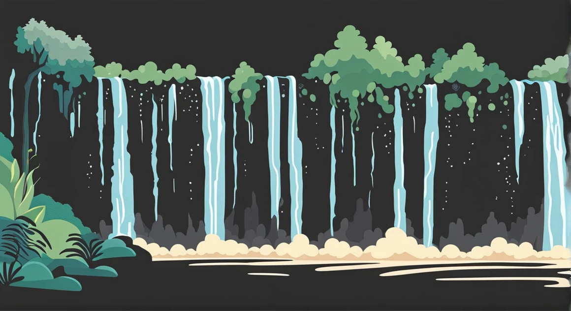 /Imagine Prompt: Waterfall illustration for banner on white background, bold outline style, irregular, Trashcore, light shading