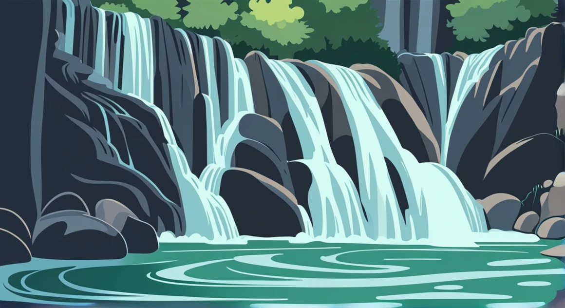 /Imagine Prompt: Waterfall illustration for banner on white background, bold outline style, irregular, Trashcore, light shading