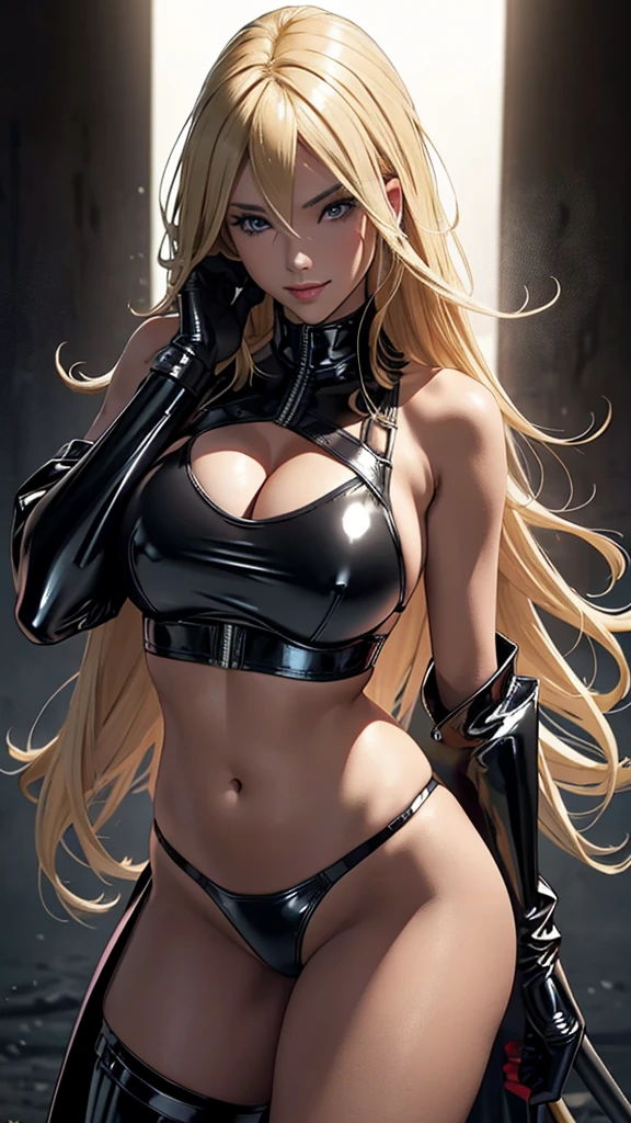 blonde hair, hair blonde in panties and black bikini, with black latex cover, black latex bikini, medieval armor, black latex may, big black cover (best qualityer,ultra detali,photorrealistic:1.37),bright and vibrant colors,studio lighting,Playful expression,stylish make up,long blonde hair flowing in the wind,Eyes seductive,Glossy lips,pose sexy, Bayonet, Shooting range, smiling confidently and seductively,. in panties and black bikini, with black latex cover, black latex bikini, medieval armor, black latex may, big black cover, hair blonde