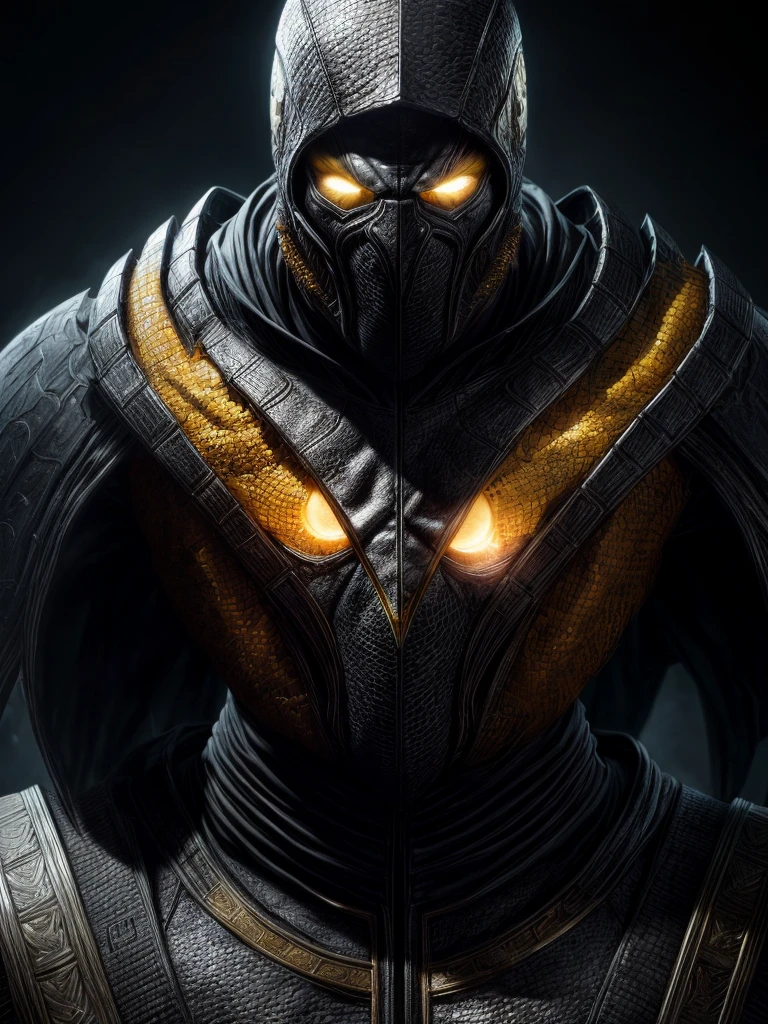 a portrait, scorpion from mortal kombat, detailed white eyes, bladk and yellow armor, hood, veins on his arm, Intricate, High Detail, Sharp focus, dramatic, photorealistic painting art by greg rutkowski