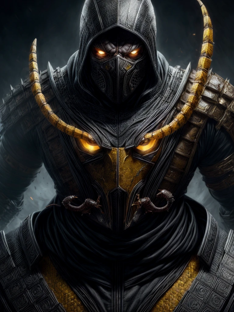 a portrait, scorpion from mortal kombat, detailed white eyes, bladk and yellow armor, hood, veins on his arm, Intricate, High Detail, Sharp focus, dramatic, photorealistic painting art by greg rutkowski