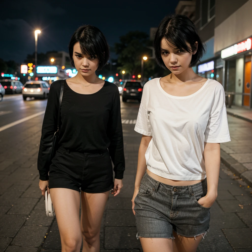 Girl with medium short black hair. Walking at night