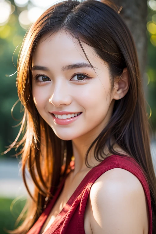 Neat and clean , person, nsfw,navel,naked, (slim, Small, Flat, Small), A dark-haired, Photorealistic, detail, Skin Texture, Ultra Detail, Wear sandals, delicate sexy collarbone, Smile, Super Detailed Face, Detailed lips, Detailed eyes, 10years old girl、Delicate eyebrows、Ball bokeh background、(Looking at the photographer)、colourfull、