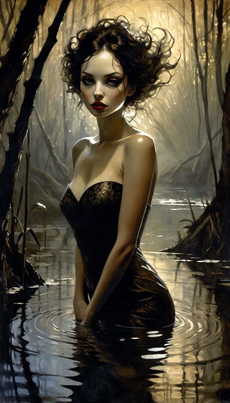 Eden's garden, eroticism, sexy, between shadows, oil painting, chiaroscuro, sensual, dramatic lighting, moody atmosphere, photorealistic, intricate details, masterpiece, ultra-detailed, high quality, 8k, best quality, realistic, cinematic, dark and brooding, expressionistic, powerful composition, emotional impact, Wadim Kashin inspired art
