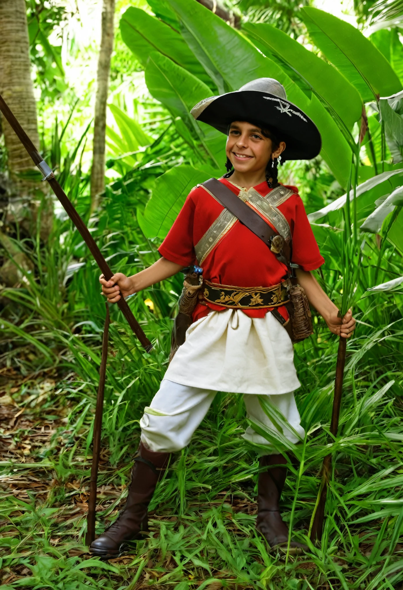 A SPANISH S OLD AT THE JUNGLE, in the american conquest period. He is wearing spanish conqueror outfit.