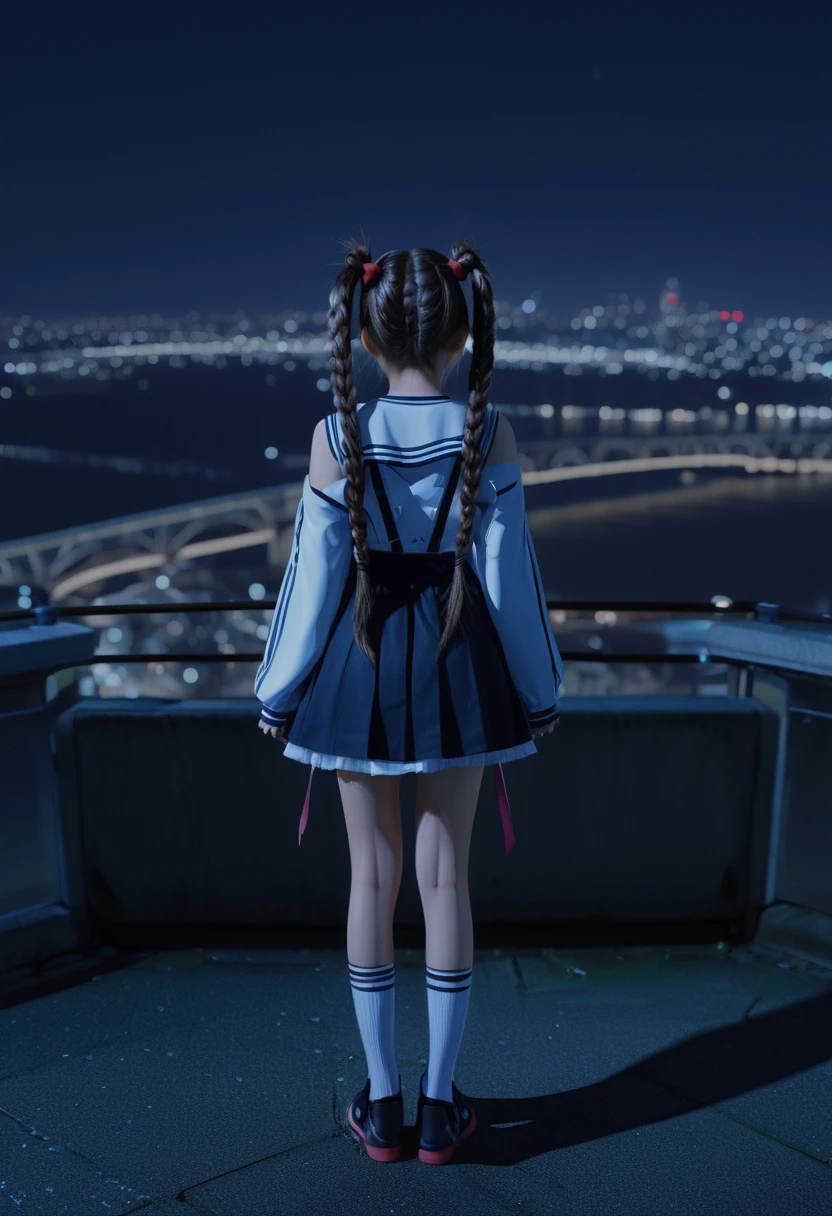 A girl, Twin Tails, full body, cinematic still, cinemascope, night, best quality, masterpiece, very aesthetic, perfect composition, intricate details, ultra-detailed