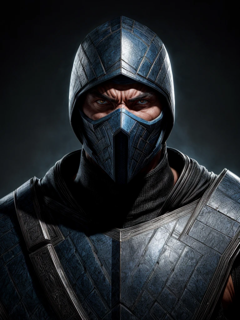 a portrait, sub zero from mortal kombat, detailed white eyes, black and sky blue armor, hood, veins on his arm, Intricate, High Detail, Sharp focus, dramatic, photorealistic painting art by greg rutkowski