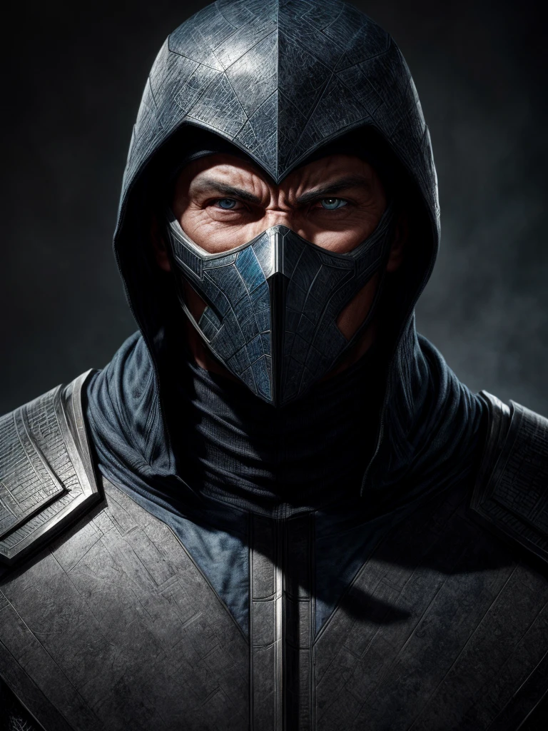 a portrait, sub zero from mortal kombat, detailed white eyes, black and sky blue armor, hood, veins on his arm, Intricate, High Detail, Sharp focus, dramatic, photorealistic painting art by greg rutkowski