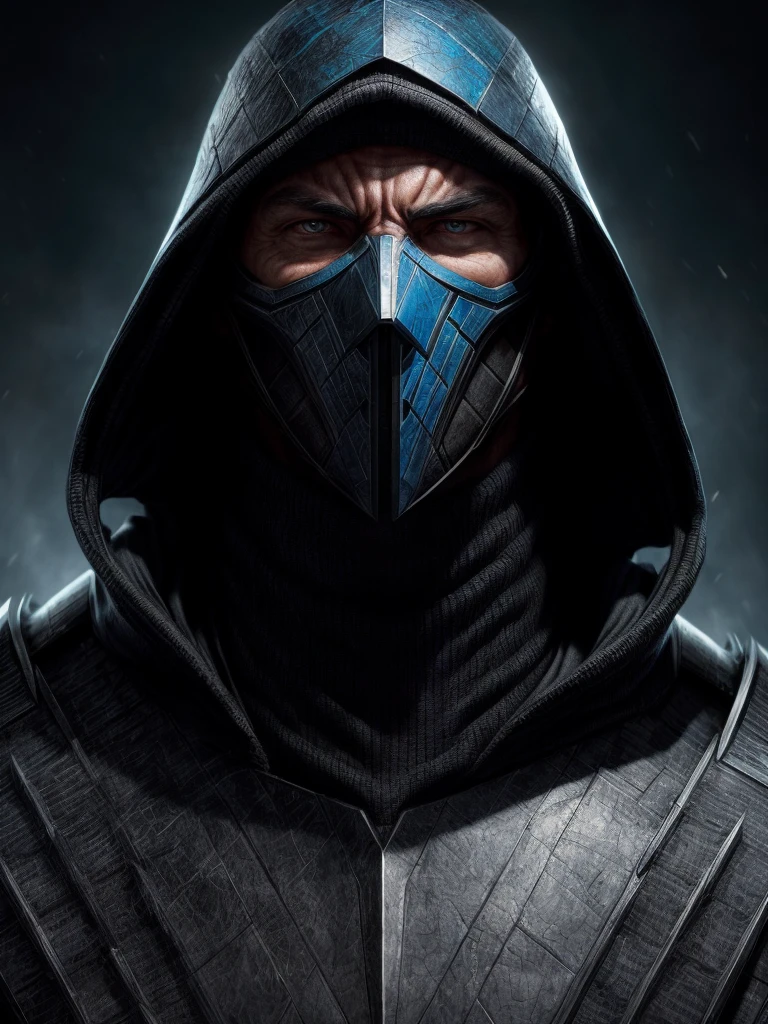 a portrait, sub zero from mortal kombat, detailed white eyes, black and sky blue armor, hood, veins on his arm, Intricate, High Detail, Sharp focus, dramatic, photorealistic painting art by greg rutkowski