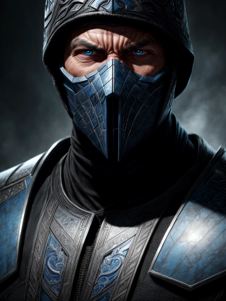 a portrait, sub zero from mortal kombat, detailed white eyes, black and sky blue armor, hood, veins on his arm, Intricate, High Detail, Sharp focus, dramatic, photorealistic painting art by greg rutkowski