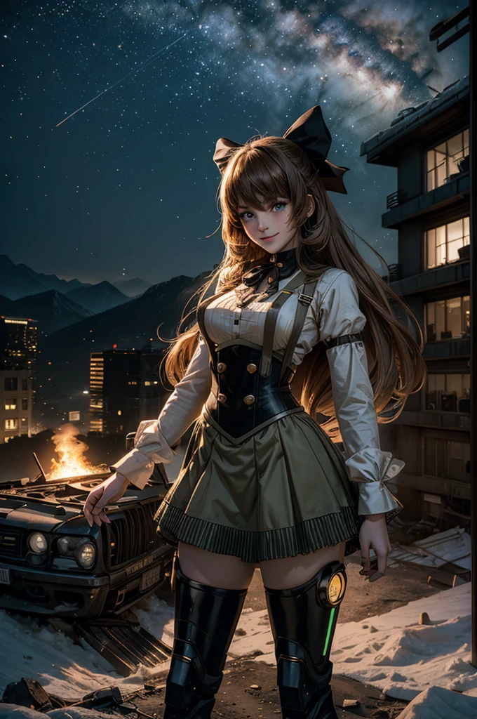 cowboy shot, (dynamic pose), smile,  underbust, Penny Polendina, long hair, neck ribbon, suspender skirt, corset, black bow, white blouse, mechanical legs, neon trim, standing, ((people in city ruins on hill, overlooking valley)), BREAK night, stars, moon, snow, BREAK mountains in background, waterfall, vehicle wreck, ((people in military uniform)), bonfires, post-apocalypse, dystopian future, (volumetric lighting), intricate details, tonemapping, sharp focus, hyper detailed

