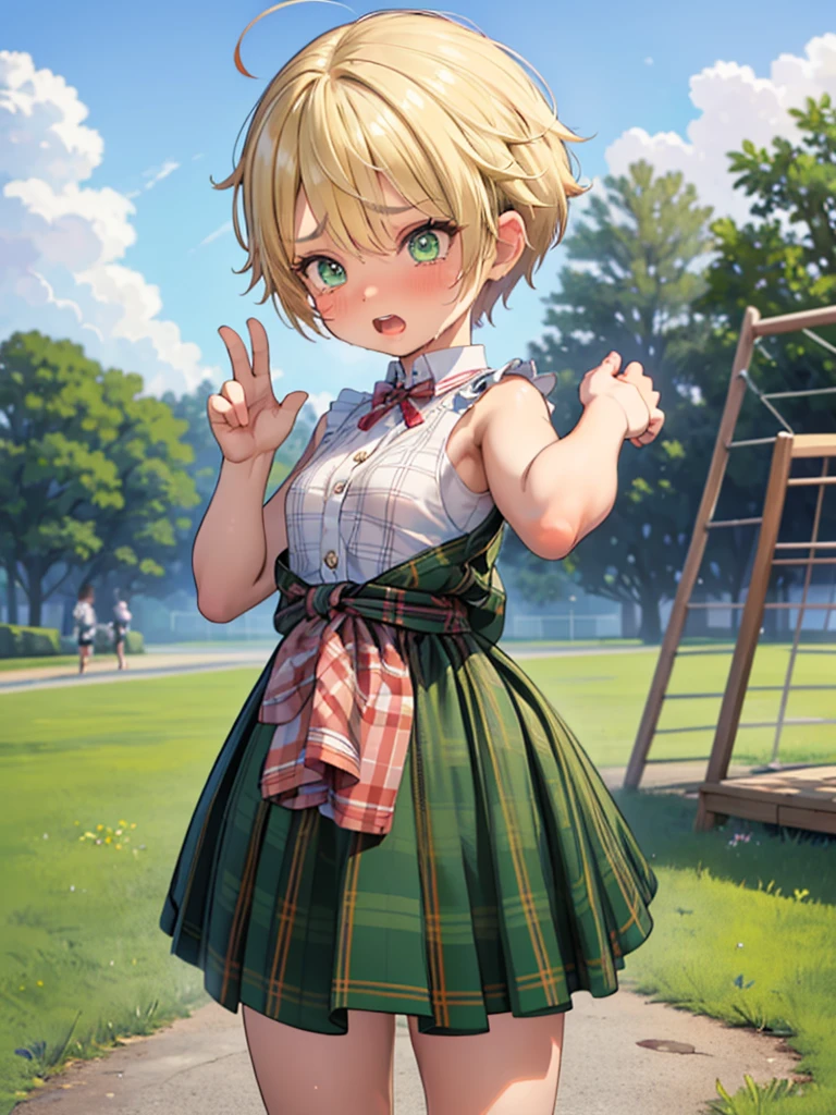 (****, child:1.4), Garden, park, outdoor, (playground equipment), nsfw, 1girl, ((Blonde:1.3), Pixie Cut, ***), Face in perfect detail, Perfectly detailed by hand, (Green Eyes), Parted bangs, Long eyelashes,  (tartan check casual dress:1.2), masterpiece, Absurd, Highest quality ,Intricate details , (Shiny skin, Shiny body, Shiny Hair), (medium breasts:1.2), lift skirt, show off pussy, show off nipple, embarrassed, tomboy, blush, (2male, forties man:1.3), looking down, looking away, open mouth, (pussy juice:1.2),  (cry, fear:1.2), (fingering:1.3), chibi, , pov hands, (ass grab:1.2), doggystyle face down, (all fours, from behind:1.1)