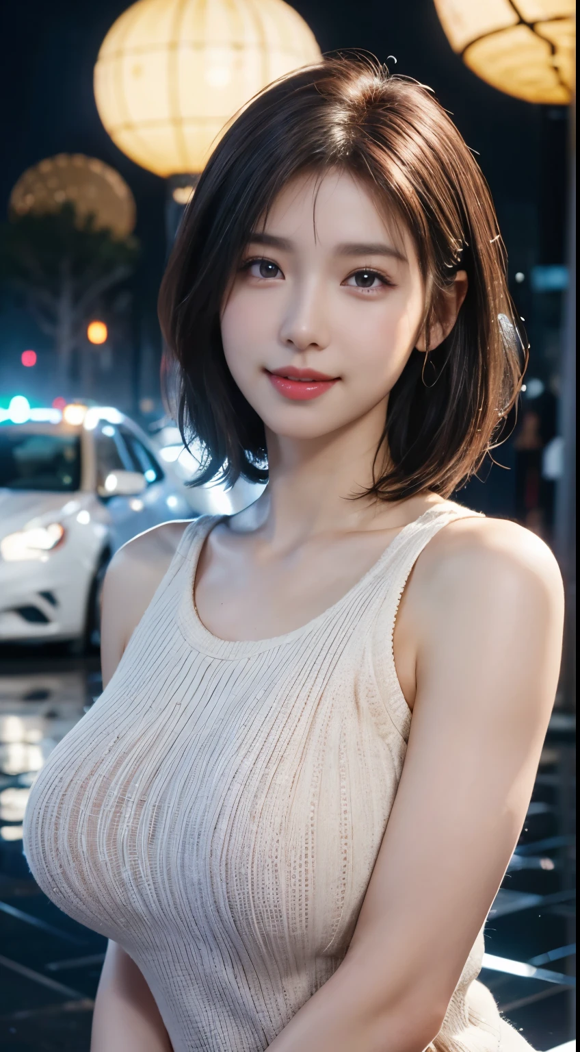 (logo, masterpiece, 8K, Tabletop, RAW Photos, wonderful, 最high quality, Photorealistic and very detailed CG composite 8k wallpaper, high quality, Very detailed, Narrative poem, Particle Effects, Dynamic Effects, Depth of the Boundary, Cinematic Light, Lens flare, Ray Tracing), short hair beautiful young woman, Hair tied back, high detail skin, very fine, fine skin texture, beautiful face, realistic eyes, beautifully detailed eyes, realistic skin, beautiful skin, surreal, smiling eyes, Hair and light eyes, Vibrant, Colorful lights and bokeh. The lighting casts a warm glow on her face and hair, Blue glow, Water surface reflection, Creates a dreamy and magical atmosphere, Big Breasts, Brown Hair, short hair, plump lower lip, pink blush on the cheeks , pink lips, brown tight no-shoulder knit sweater